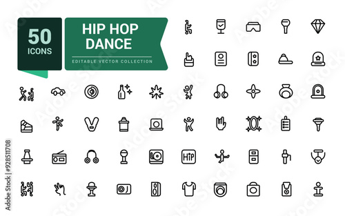 Hip hop dance icon set. Outline icons pack. Editable vector line icon set and illustration for web and UI application.