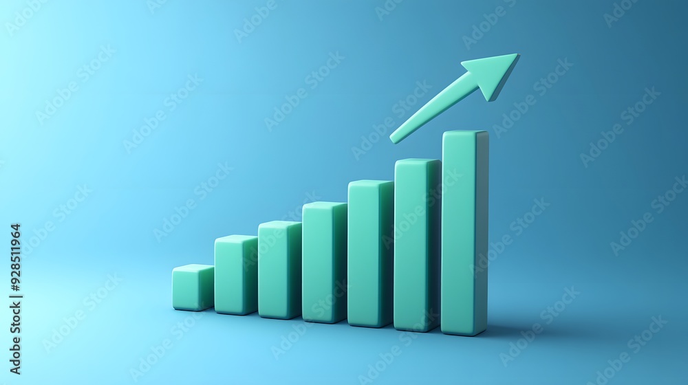 3D rendered bar graph with an upward arrow on a blue background, symbolizing growth, success, progress, and increasing performance. 3D rendered bar graph with an upward arrow on a blue background, symbolizing growth, success, progress, and increasing performance.