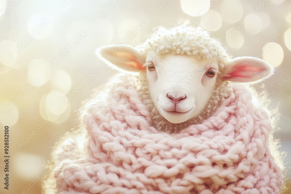 Fototapeta premium Adorable sheep wrapped in soft pink yarn