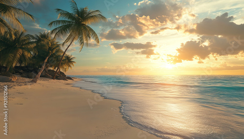 peaceful beach scene with soft white sand, gently swaying palm trees, and a turquoise ocean stretching out to the horizon. The sun is setting, casting a golden glow across the sky and water.