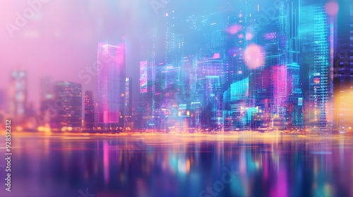 Futuristic Cityscape with Neon Lights and Reflections