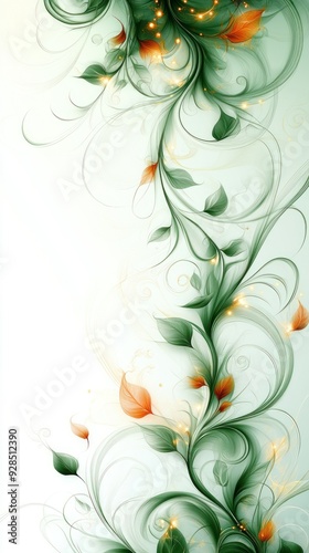 A decorative design featuring swirling green vines and orange leaves on a light background.
