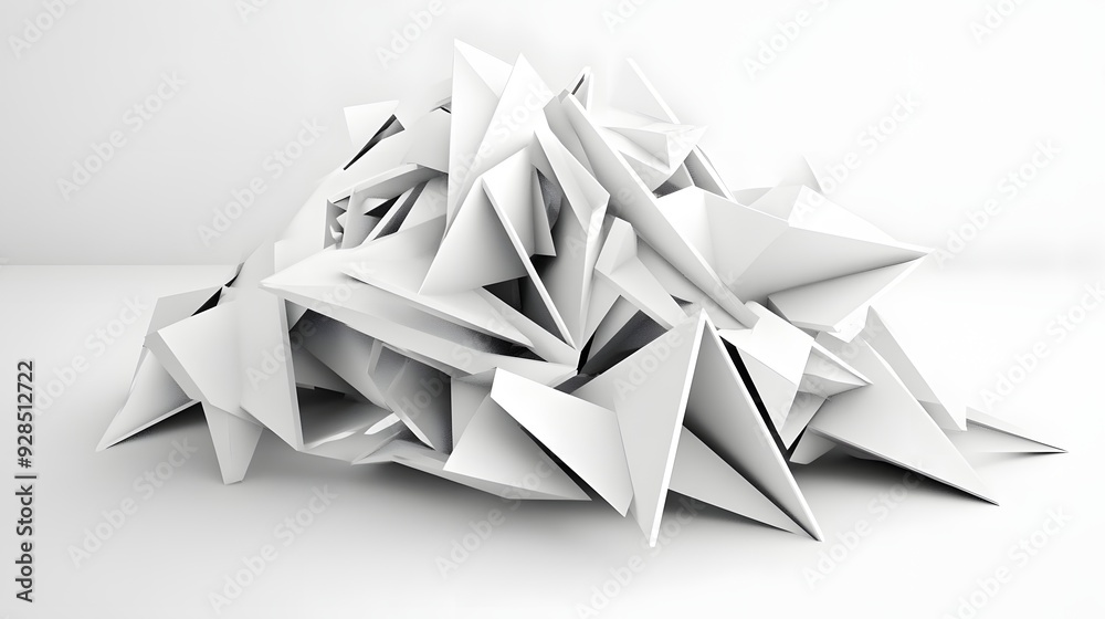 5. Interwoven triangular prisms in an abstract 3D configuration, set against a flawless white backdrop. 5. Interwoven triangular prisms in an abstract 3D configuration, set against a flawless white backdrop.