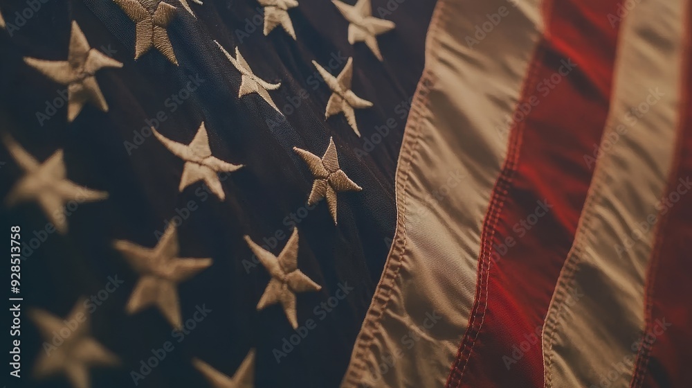 A detailed close-up of the American flag, with the focus on the stars and stripes, captured in a gentle breeze, symbolizing the pride, freedom, and heritage of the nation, with a blurred background A detailed close-up of the American flag, with the focus on the stars and stripes, captured in a gentle breeze, symbolizing the pride, freedom, and heritage of the nation, with a blurred background