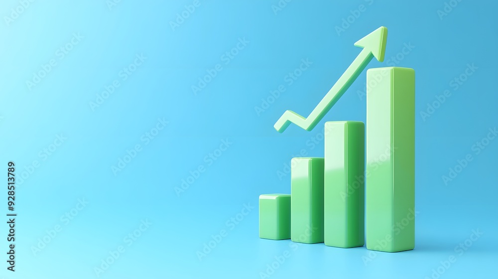 3D rendering of green bar chart with upward arrow on blue background, representing growth, success, and financial progress. 3D rendering of green bar chart with upward arrow on blue background, representing growth, success, and financial progress.