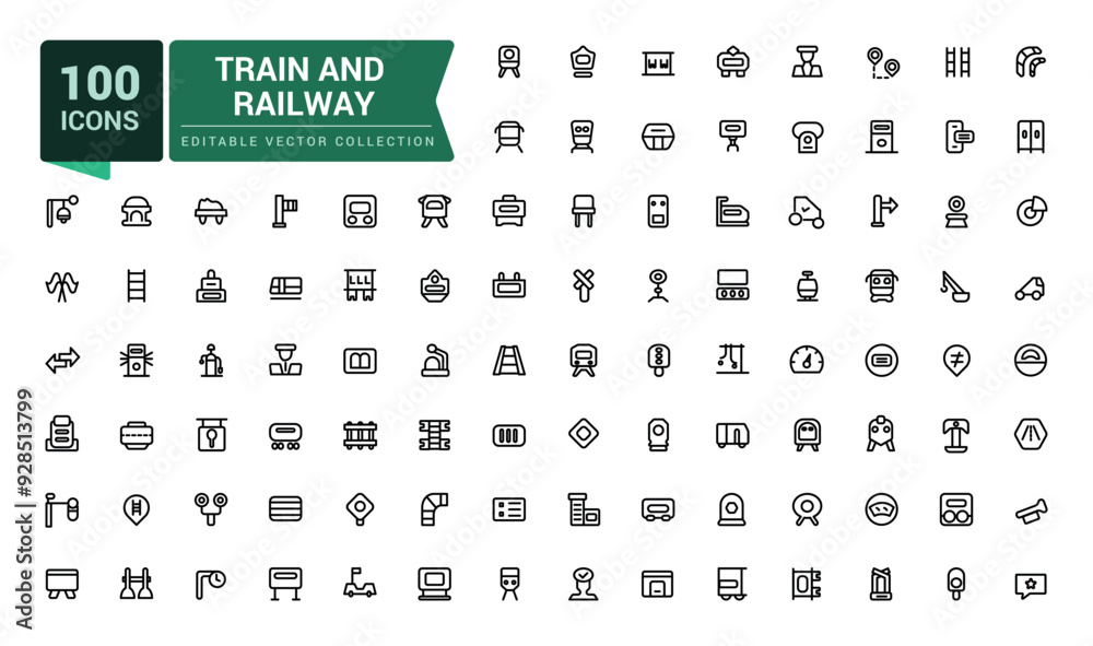 Set of train and railway icons. Collection and pack of linear web and UI icons. Editable stroke. Pixel perfect, minimalistic web and UI icon. Vector illustration. Set of train and railway icons. Collection and pack of linear web and UI icons. Editable stroke. Pixel perfect, minimalistic web and UI icon. Vector illustration.
