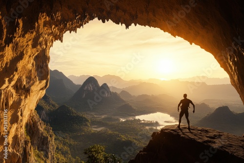 A silhouetted figure stands in a cave entrance, overlooking a breathtaking landscape bathed in the golden hues of sunset, epitomizing the harmony between man and nature.