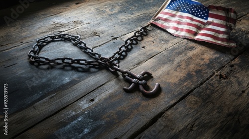 A symbolic photograph of a broken chain lying on a weathered wooden surface, next to a small American flag, representing the breaking of oppression and the fight for freedom and justice, with a