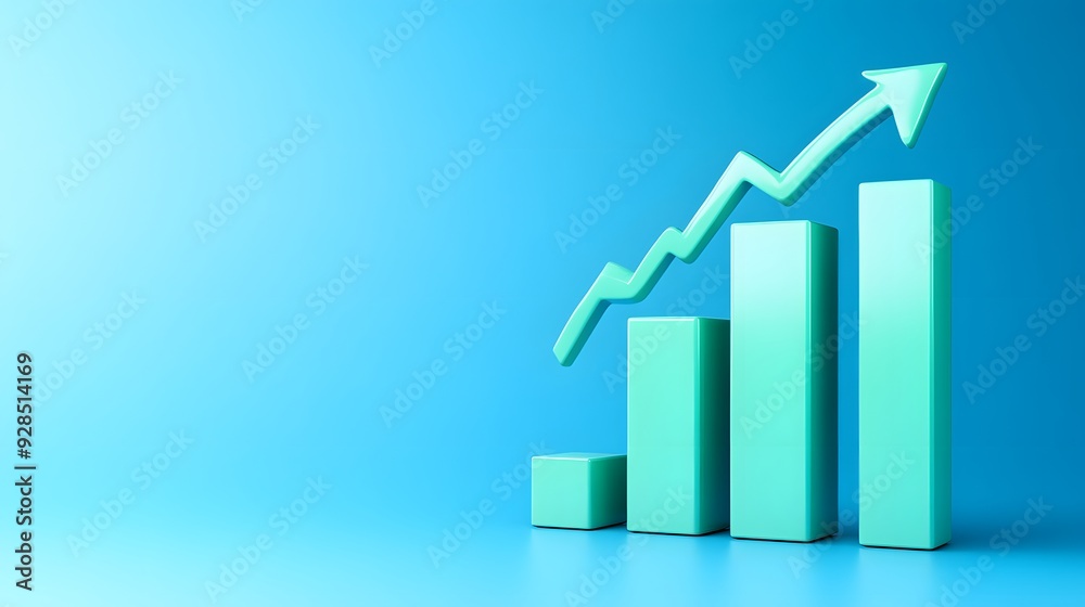 A 3D bar chart with an upward arrow against a blue background representing business growth, success, and financial improvement. A 3D bar chart with an upward arrow against a blue background representing business growth, success, and financial improvement.
