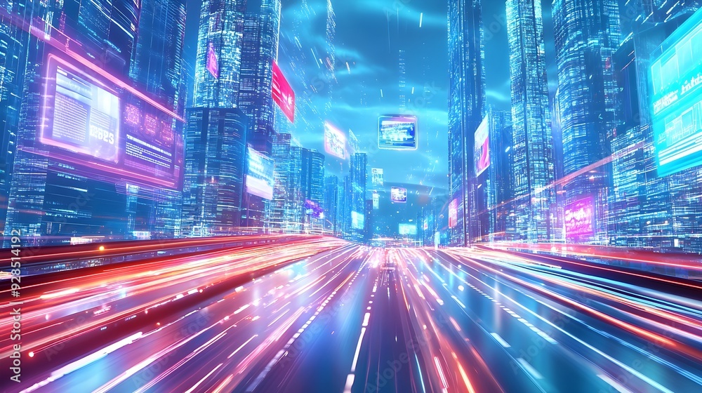 Fototapeta premium Futuristic Cityscape with Neon Lights and Speed Lines