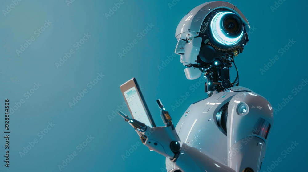  robot holding and reading a tablet with a screen, 