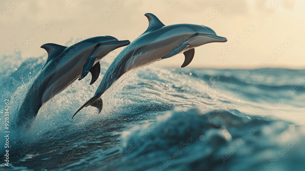 Fototapeta premium Isolated cartoon dolphin jumping out of blue ocean with white fins, swimming in aquatic wildlife nature