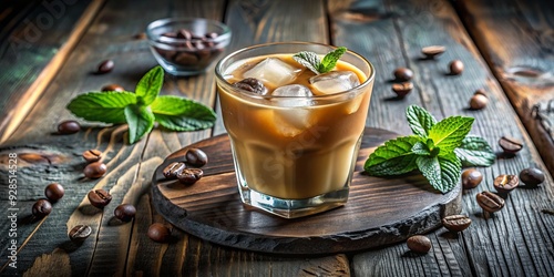 Refreshingly cold iced coffee in a transparent glass, surrounded by ice cubes and garnished with a sprig of mint, on a rustic wooden table. photo