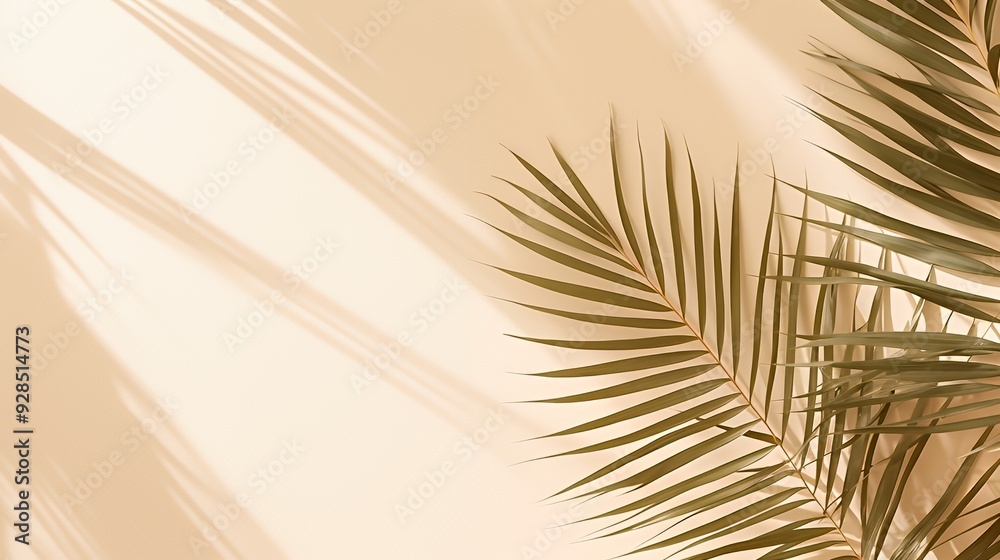 Fototapeta premium Minimalist palm leaf shadow on beige background with copy space.