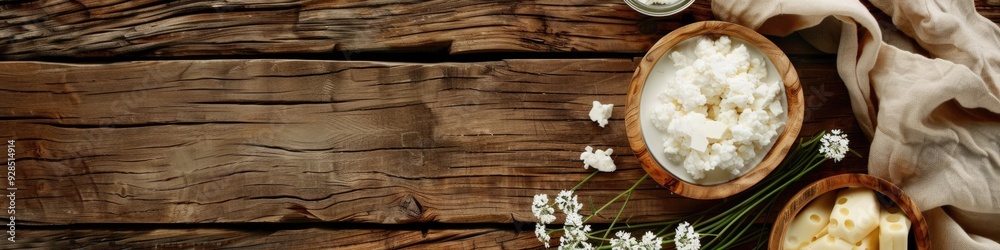 Rustic Dairy and Flour Display on Wooden Tabletop with Natural Decor Rustic Dairy and Flour Display on Wooden Tabletop with Natural Decor