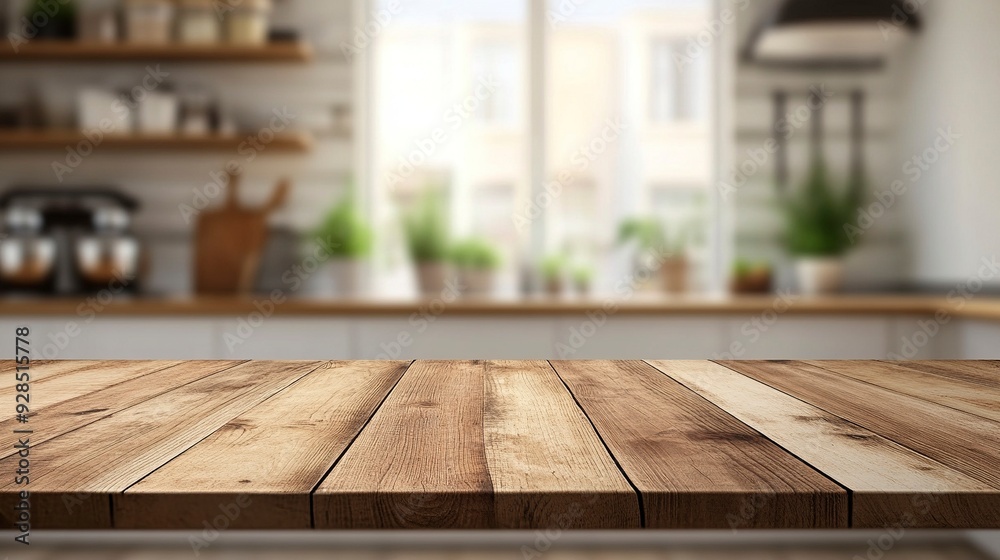 Wood table top on blurred kitchen background. can be used mock up for montage products display or design layout. Generative ai Wood table top on blurred kitchen background. can be used mock up for montage products display or design layout. Generative ai