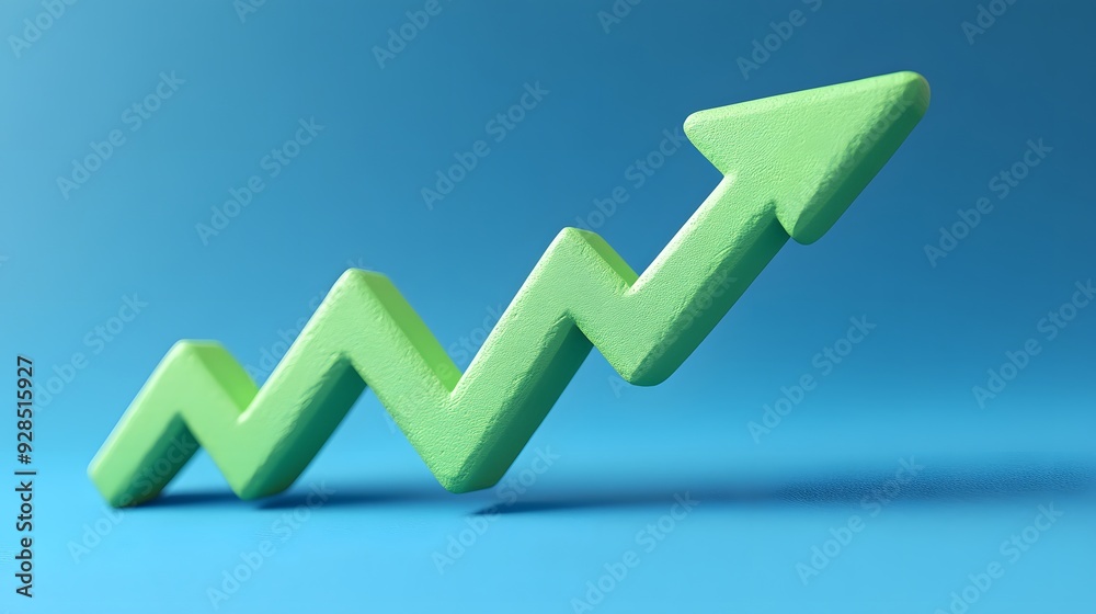 A green zigzag arrow pointing upward against a blue background, symbolizing growth, success, or financial increase.