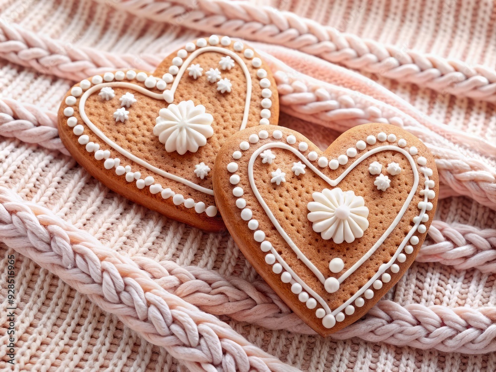 Delicate gingerbread hearts adorned with white icing decorations rest on a soft, pastel pink knitted background, evoking feelings of warmth and tender sweetness. Delicate gingerbread hearts adorned with white icing decorations rest on a soft, pastel pink knitted background, evoking feelings of warmth and tender sweetness.