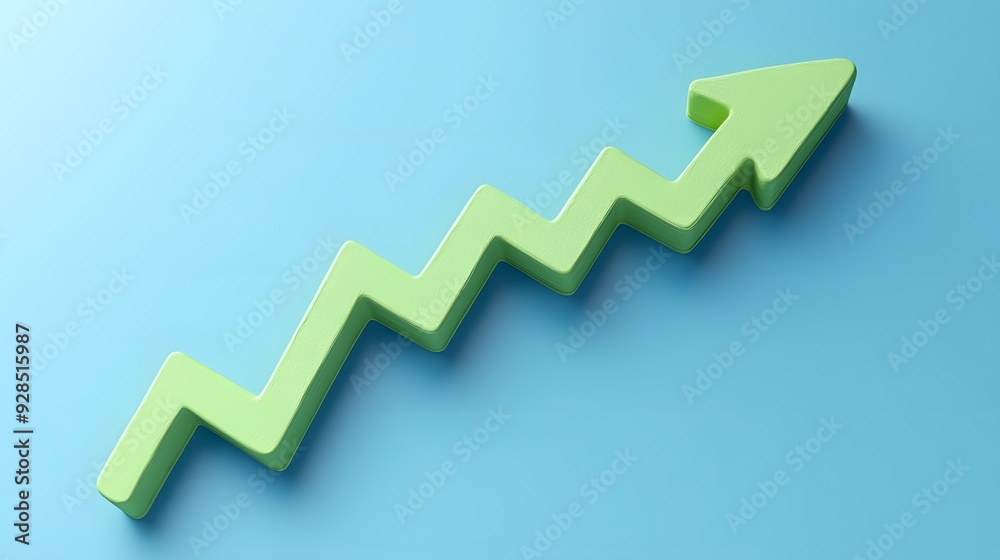 A green zigzag arrow pointing upwards on a blue background symbolizes growth, progress, and success in business or finance. A green zigzag arrow pointing upwards on a blue background symbolizes growth, progress, and success in business or finance.