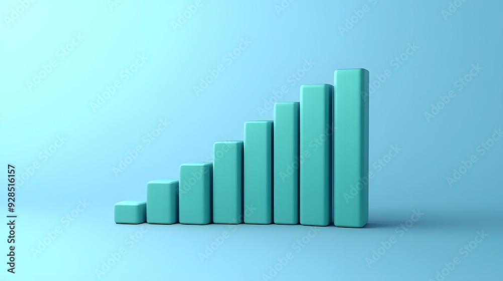 A minimalistic 3D bar chart with ascending bars on a light blue background, representing business growth and financial success. A minimalistic 3D bar chart with ascending bars on a light blue background, representing business growth and financial success.
