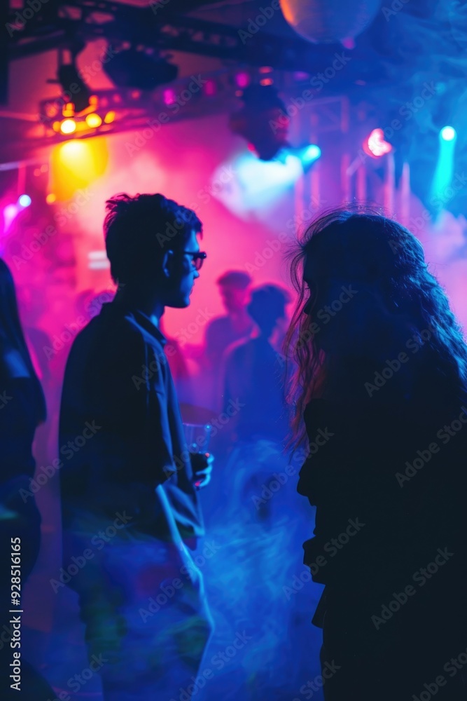 Vibrant Party Atmosphere with Colorful Lights and Blurred Crowd in Nightclub Vibrant Party Atmosphere with Colorful Lights and Blurred Crowd in Nightclub