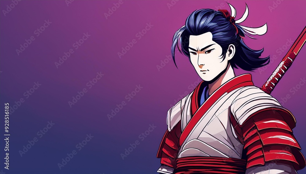 Retro manga samurai in red and white uniform against purple gradient, space for text. Retro manga samurai in red and white uniform against purple gradient, space for text.