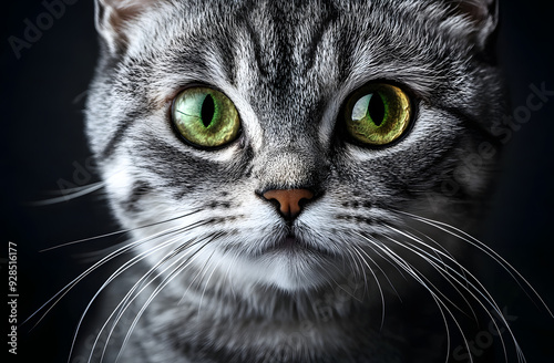 "Close-Up Portrait of an American Shorthair Cat with Striking Green Eyes and a Silver Tabby Coat, Capturing the Elegance and Beauty of This Popular Feline Breed in Detailed Focus"