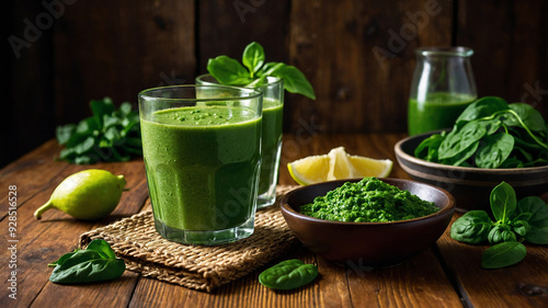 Healthy green smoothie in glass with basil leaves and lime on rustic wooden table with dark background.