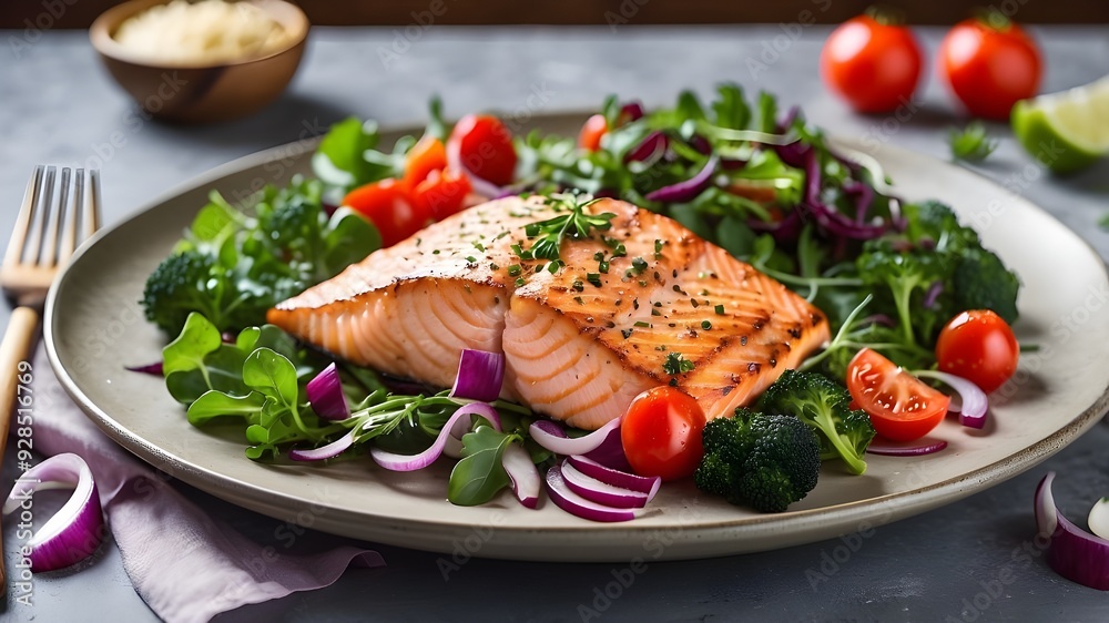 grilled salmon fillet and a crisp, leafy green salad with broccoli, tomatoes, and red onion grilled salmon fillet and a crisp, leafy green salad with broccoli, tomatoes, and red onion