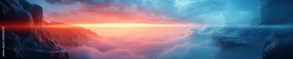 Fototapeta premium Ethereal Vistas: The Serpentine Path Through Clouds, Dramatic Cliffs, and a Luminous Sky, Visualizing the Enchanting Realm of Mystical Travel.