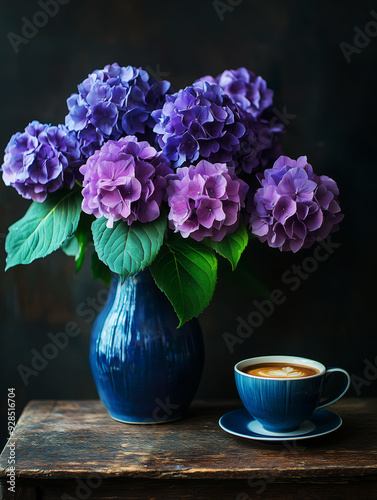 Purple hydrangeas in a blue vase, a cup of coffee on the table