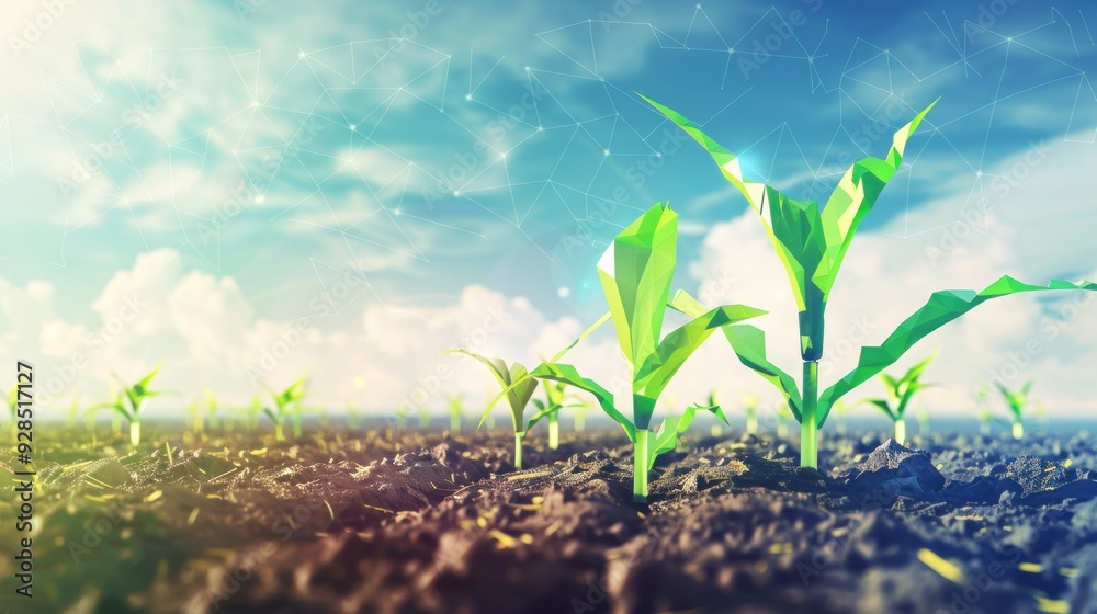 Young Corn Plants in a Field, Nature & Technology Young Corn Plants in a Field, Nature & Technology