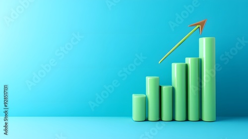 Bar graph with green bars and an upward arrow on a blue background, symbolizing growth and progress, ideal for business and financial themes.