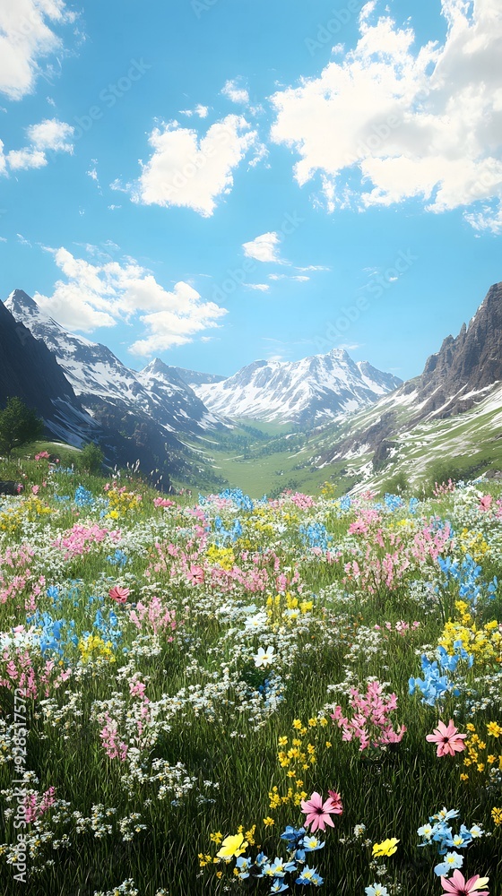 Fototapeta premium A mockup of a photo op backdrop depicting a sunny Utah mountain landscape made of florals and biophilia, with a grassy floor in front.