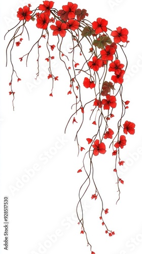 A cascading arrangement of vibrant red flowers with delicate stems and leaves.