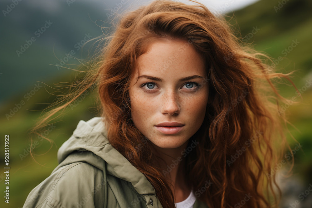 Close-up photo of a girl with green eyes and freckles on her face in the mountains Close-up photo of a girl with green eyes and freckles on her face in the mountains