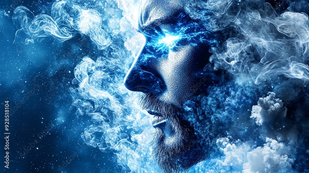 Fototapeta premium A mystical portrait featuring a human face with glowing eyes, surrounded by swirling clouds and ethereal light.