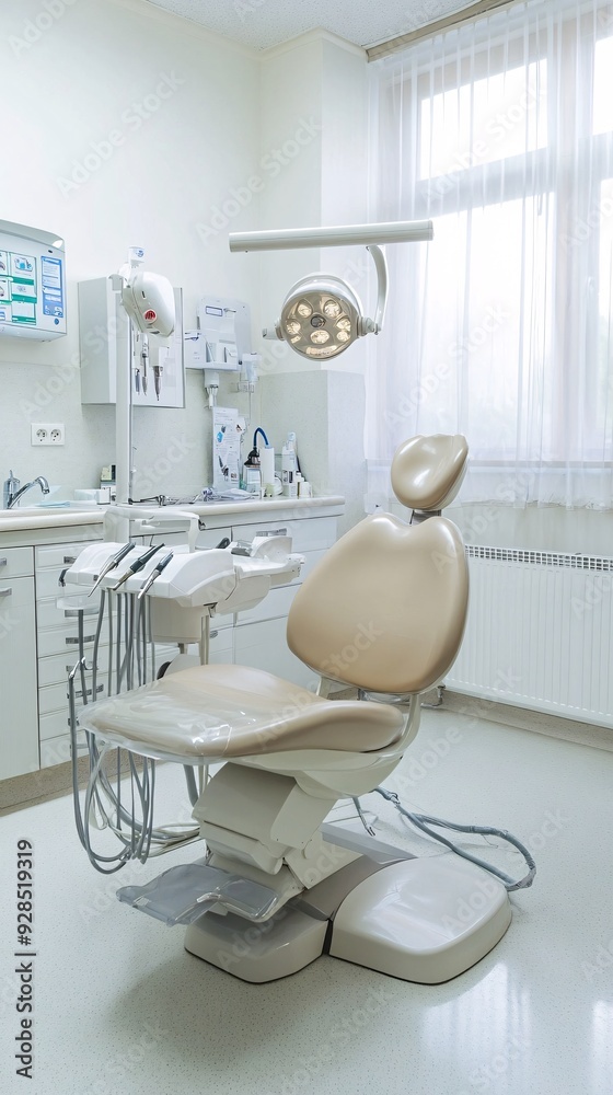 A dental hygienist preparing instruments in a bright and clean dental office, with ample copy space A dental hygienist preparing instruments in a bright and clean dental office, with ample copy space