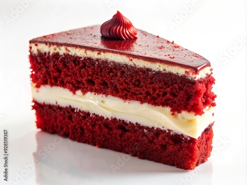 Richly decadent red velvet cake slice with tangy cream cheese filling, beautifully presented on a pristine white background, radiating warmth and indulgence. photo