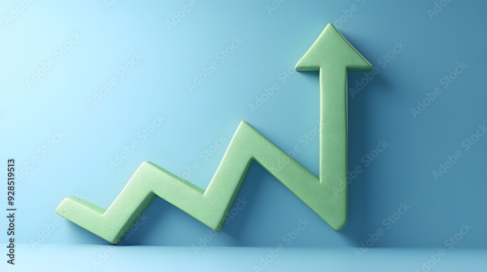 Green 3D arrow showing an upward zigzag trend on a blue background, symbolizing growth, progress, and positive business performance. Green 3D arrow showing an upward zigzag trend on a blue background, symbolizing growth, progress, and positive business performance.