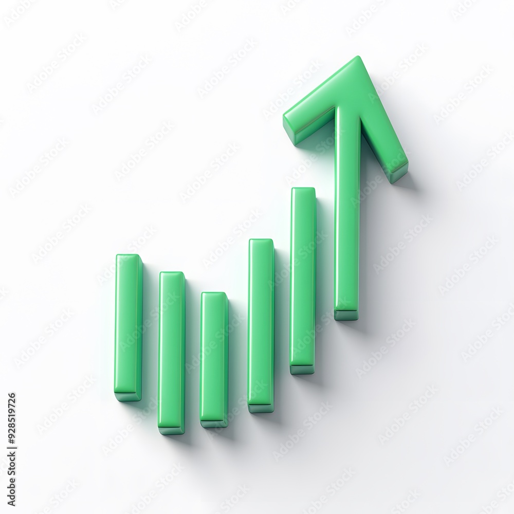 Green 3D bar chart graphic with upward arrow on white background, representing business growth, success, or positive financial trend. Green 3D bar chart graphic with upward arrow on white background, representing business growth, success, or positive financial trend.