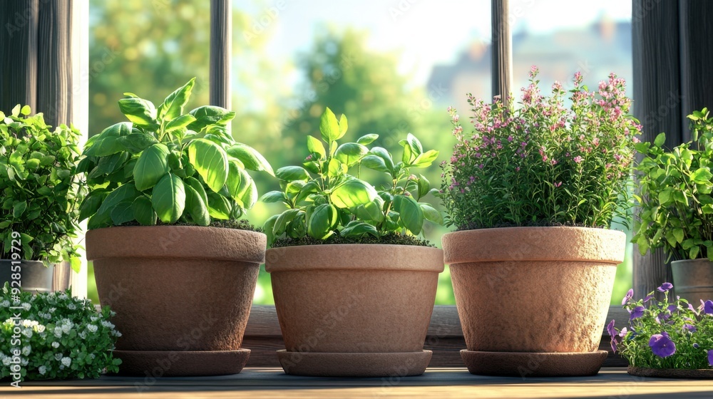 Fototapeta premium Lush Organic Herb Garden in Pots - Fresh Basil, Mint, Rosemary | 3D Illustration of Herbal Plants for Culinary Delights