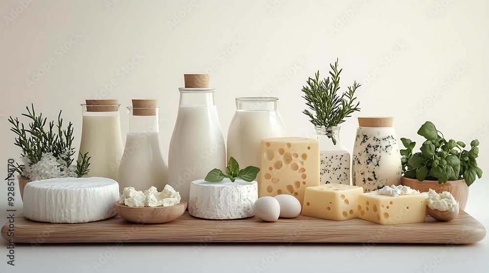 Milk, Cheese and Eggs on a Wooden Board. Milk, Cheese and Eggs on a Wooden Board.