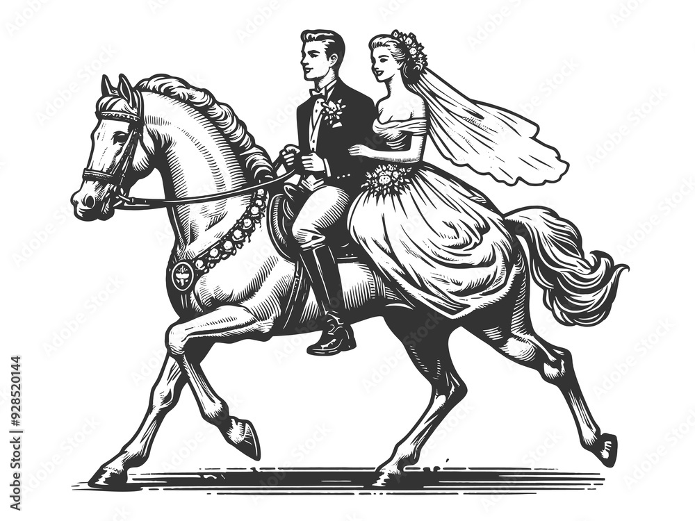 Fototapeta premium bride and groom in traditional wedding attire riding a horse romantic moment sketch engraving generative ai fictional character raster illustration. Scratch board imitation. Black and white image.