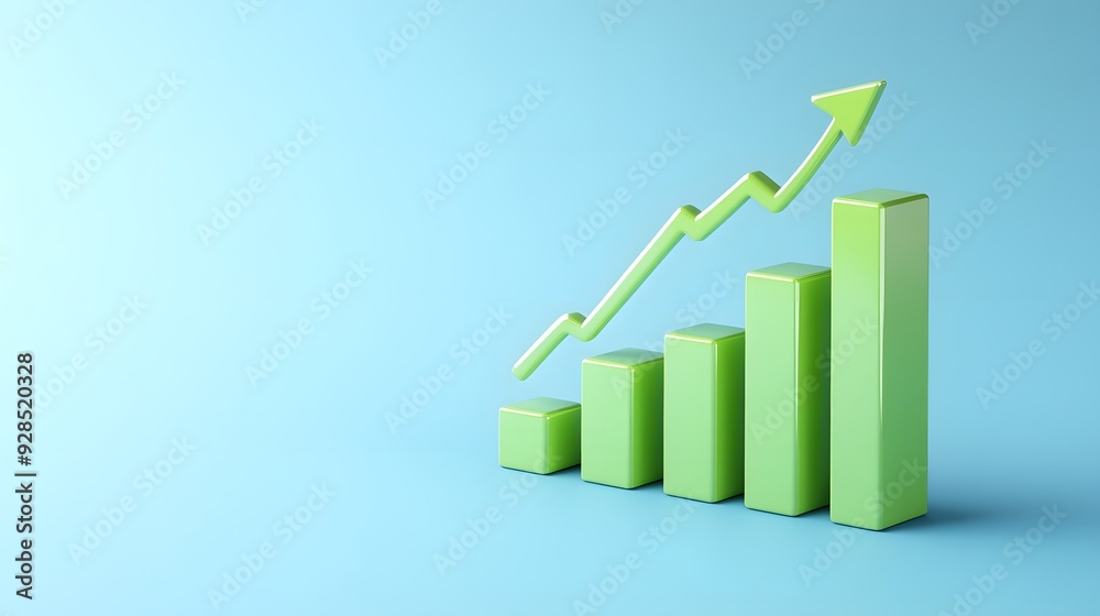 Green 3D bar graph showing financial growth over a blue background, representing business success and positive economic progress. Green 3D bar graph showing financial growth over a blue background, representing business success and positive economic progress.