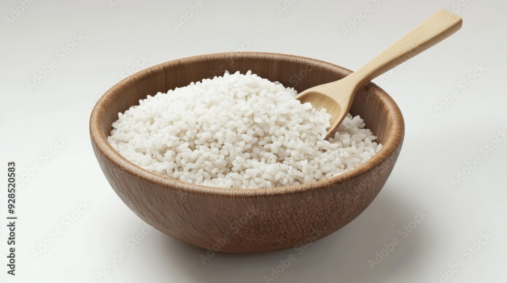 Fresh Organic Rice in a Bowl with Wooden Spoon - Realistic 3D Illustration of Healthy Food Ingredient Fresh Organic Rice in a Bowl with Wooden Spoon - Realistic 3D Illustration of Healthy Food Ingredient