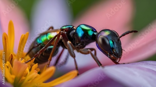 A stunning ant with iridescent wings, perched atop a vibrant flower petal.