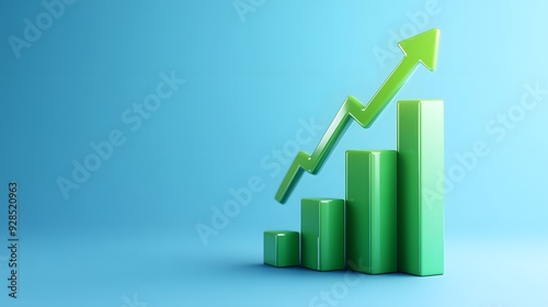 Green 3D bar graph with rising arrow on blue background  symbolizing growth and success in business or financial context.