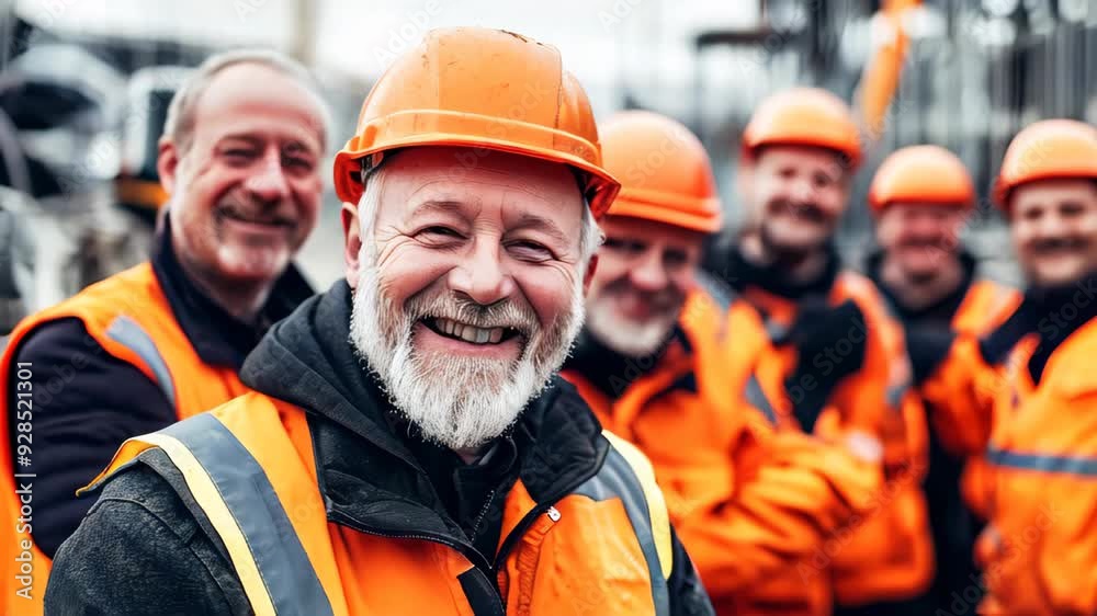 A group of smiling workers at a construction site A group of smiling workers at a construction site