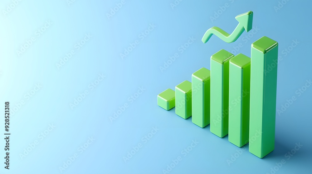 Green 3D bar graph with upward arrow on blue background symbolizing growth, progress, and success in business or finance. Green 3D bar graph with upward arrow on blue background symbolizing growth, progress, and success in business or finance.